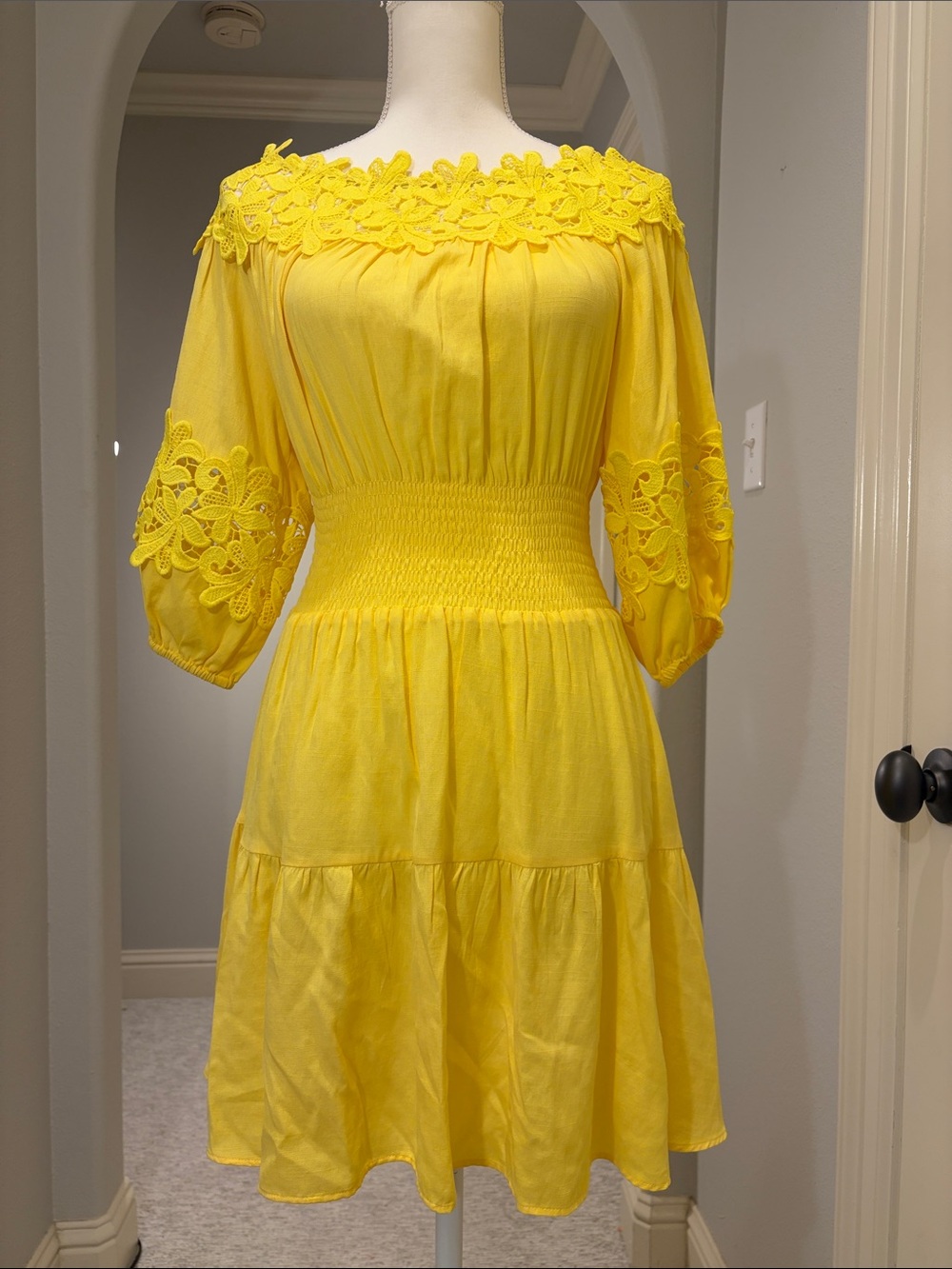 Gianni Bini Yellow Off-the-Shoulder Floral Lace Mini Dress